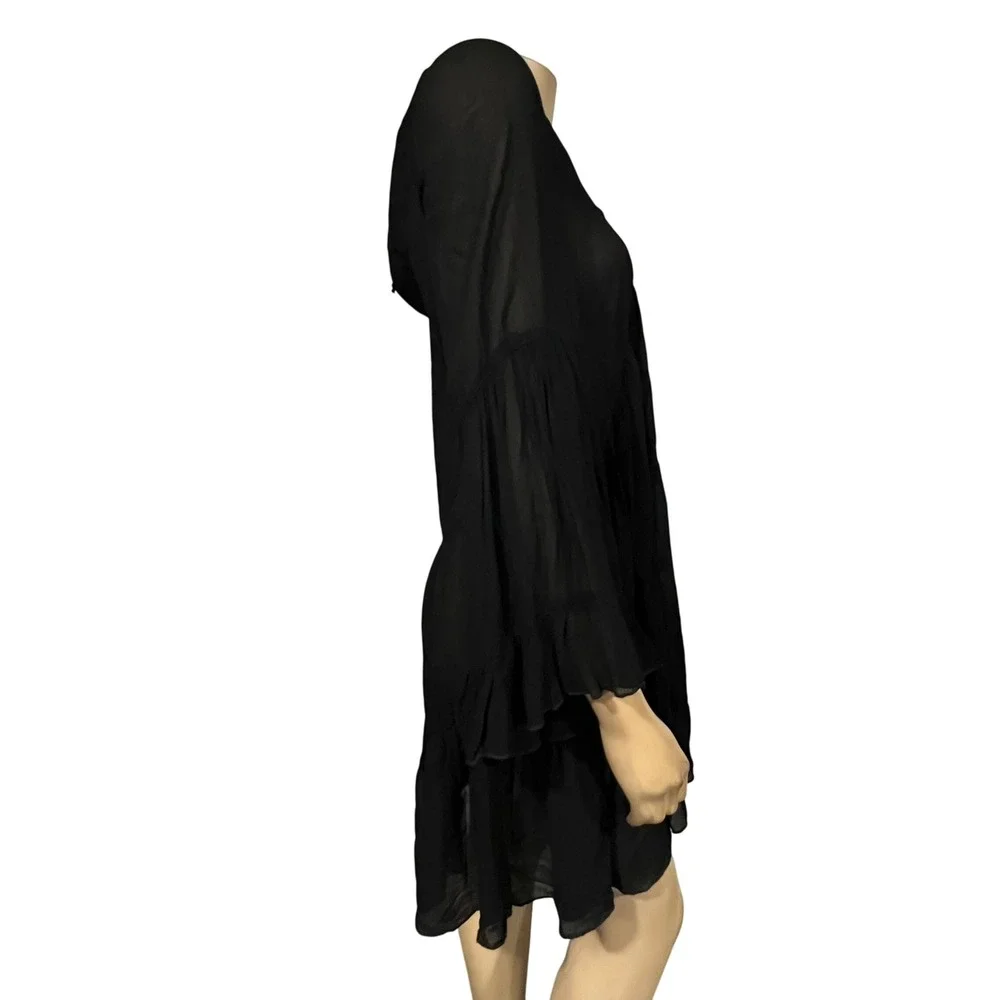 Young Fabulous Broke Black Sheer Boho Bell Sleeve Tiered Mini Dress NWT S